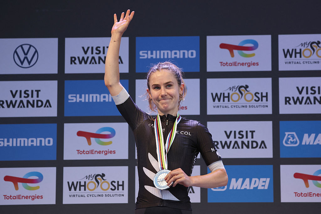 Silver medallist New Zealand rider Niamh Fisher-Black celebrates on the podium following the women's Elite road race cycling event during the UCI 2025 Road World Championships, in Kigali, on September 27, 2025. (Photo by Anne-Christine POUJOULAT / AFP)