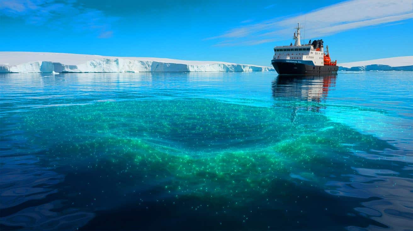 Illustration of the turquoise patch in the Antarctic Ocean with coccolithophores contributing to its reflectiveness.