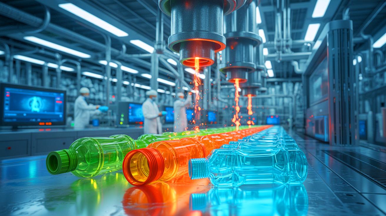 Illustration of scientists transforming plastic waste into fuel through high-temperature pyrolysis.