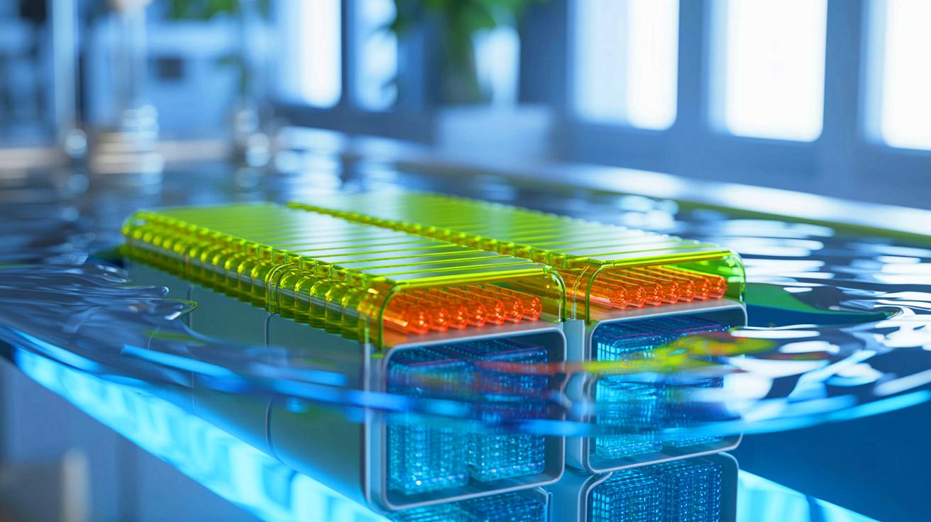 Illustration of a recyclable aqueous battery utilizing innovative organic redox polymer technology.