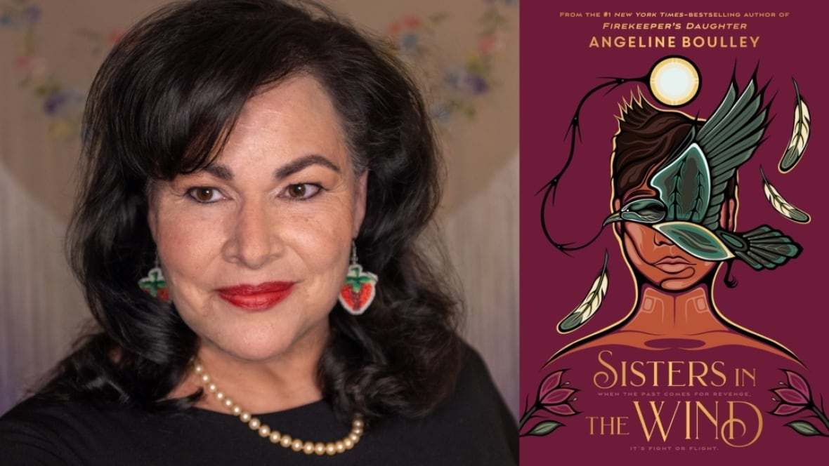 Sisters in the Wind by Angeline Boulley. Illustrated book cover of Indigenous artwork of a person's face and a bird flying across it. Author photo of an Indigenous woman with curly black hair.