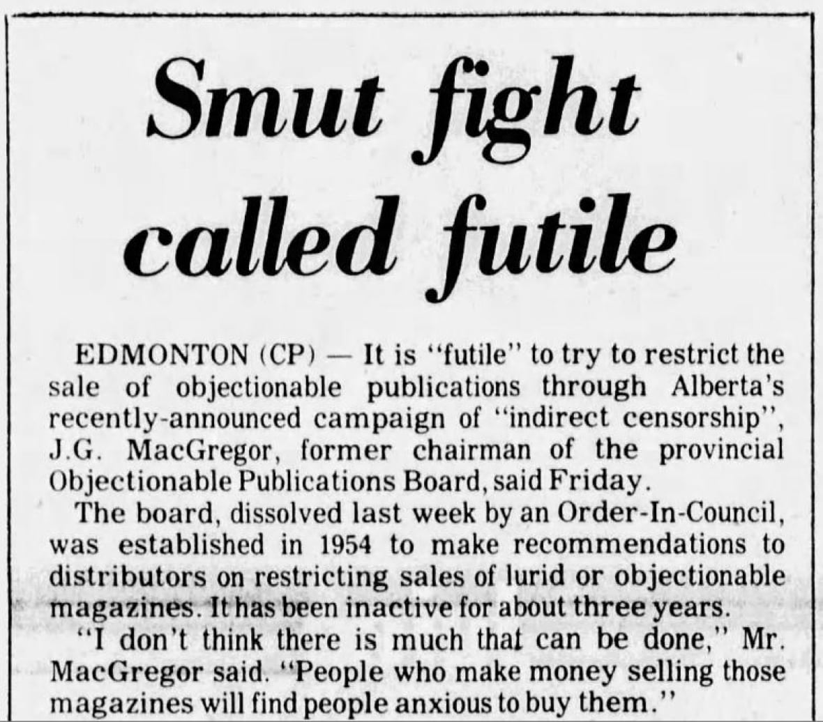 An archival newspaper article with the headline 'Smut fight called futile.'