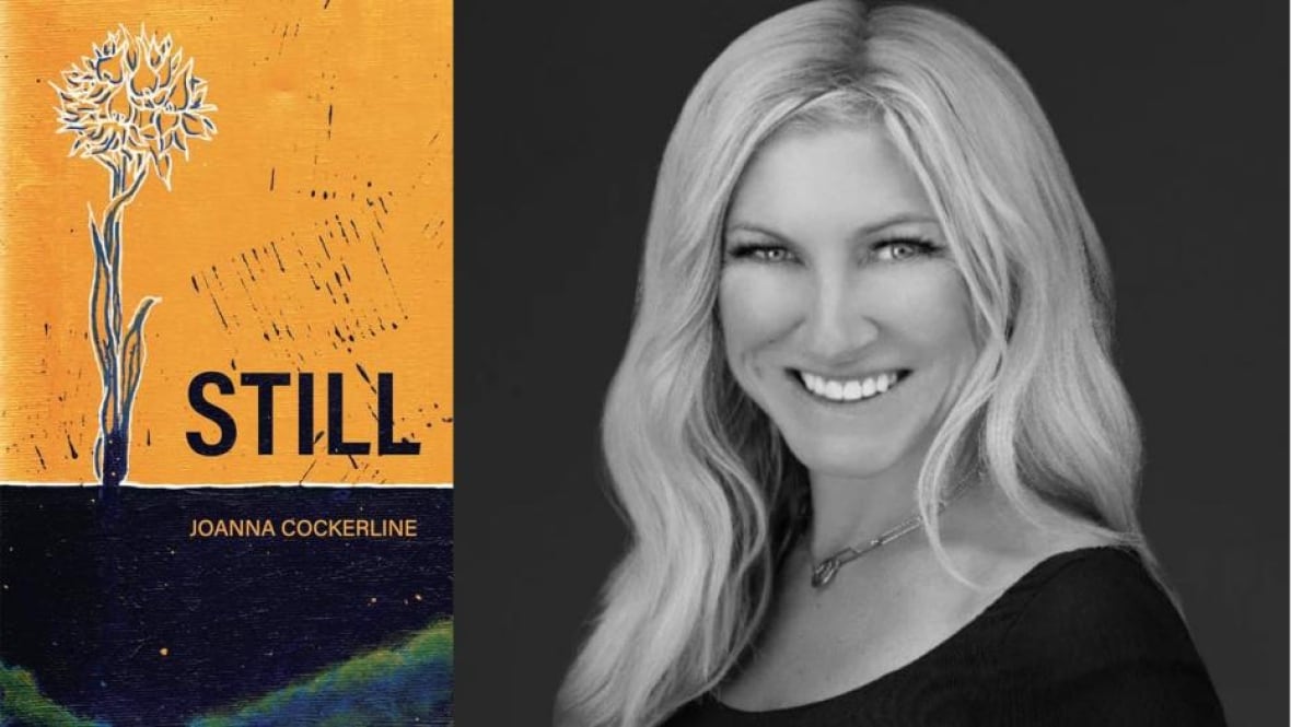 A yellow book cover with a dandelion on it. A black and white headshot of a woman with long blonde hair.