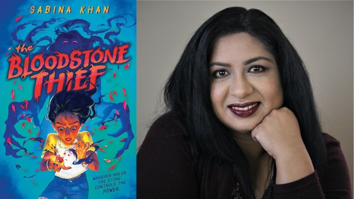 The Bloodstone Thief by Sabina Khan. Illustreated book cover shows a young South Asian girl looking at her hands as a blue creature looms over her. Author headshot of a South Asian woman with long black hair.