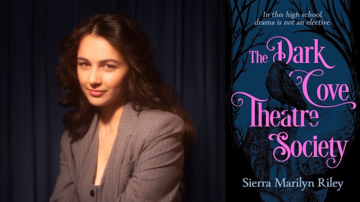  The Dark Cove Theatre Society by Sierra Marilyn Riley. Illustrated book cover of a raven perched on a tree branch at night. Author photo of a young white woman wearing a blazer.