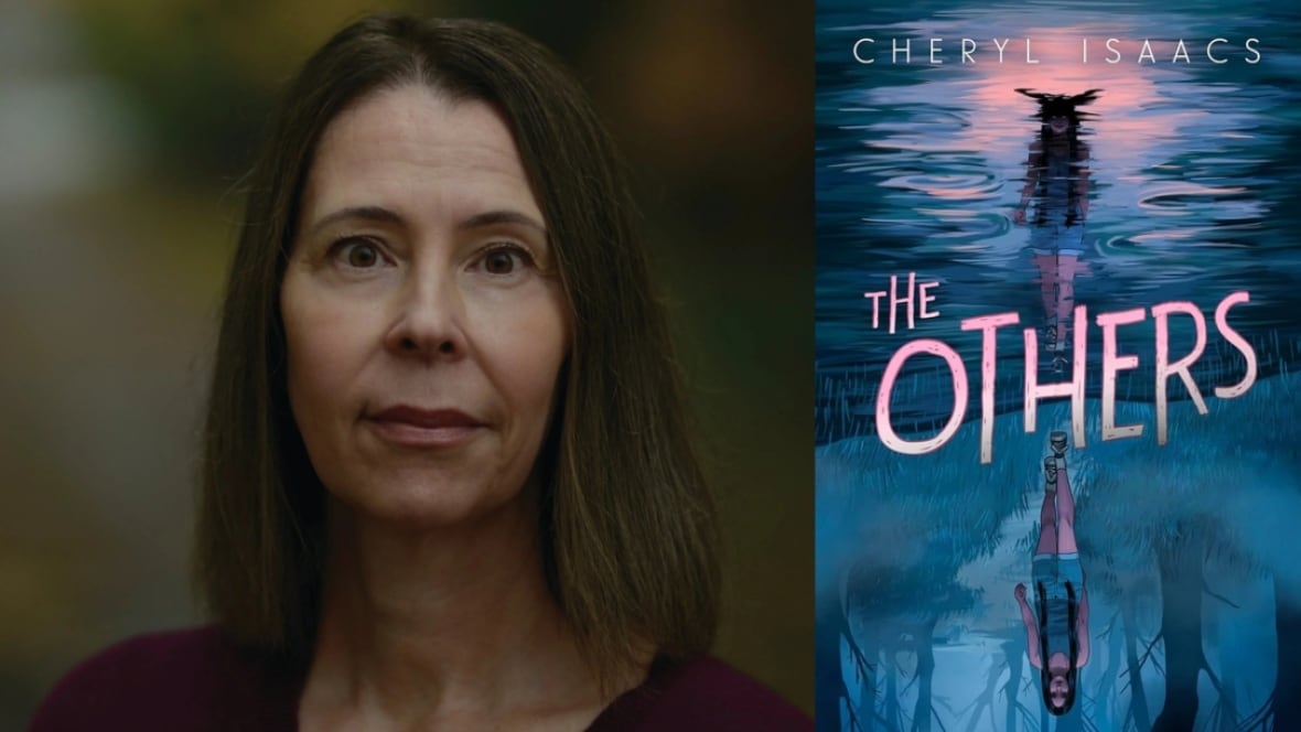 The Others by Cheryl Isaacs. Illustrated book cover shows a teen girl walking by a lake and her reflection mirrored. Author photo of an Indigenous woman with shoulder-length brown hair.