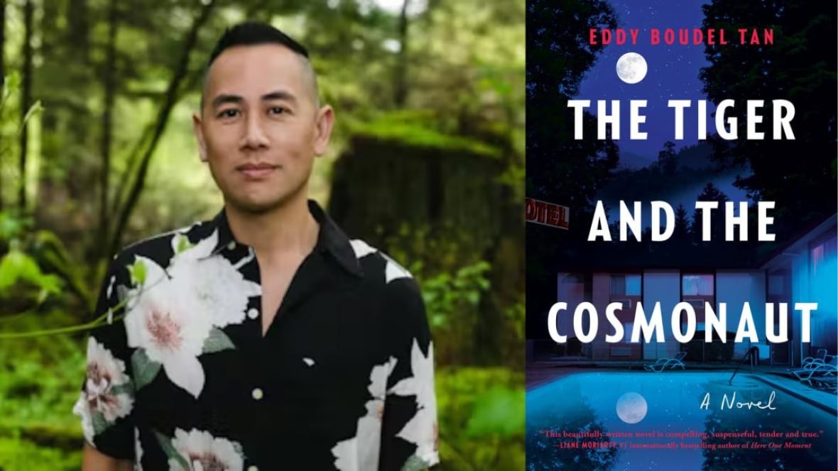 A composite image that shows a blue book cover showing the moon shining over a home courtyard and a headshot photo of a man wearing a striped shirt on the right. 