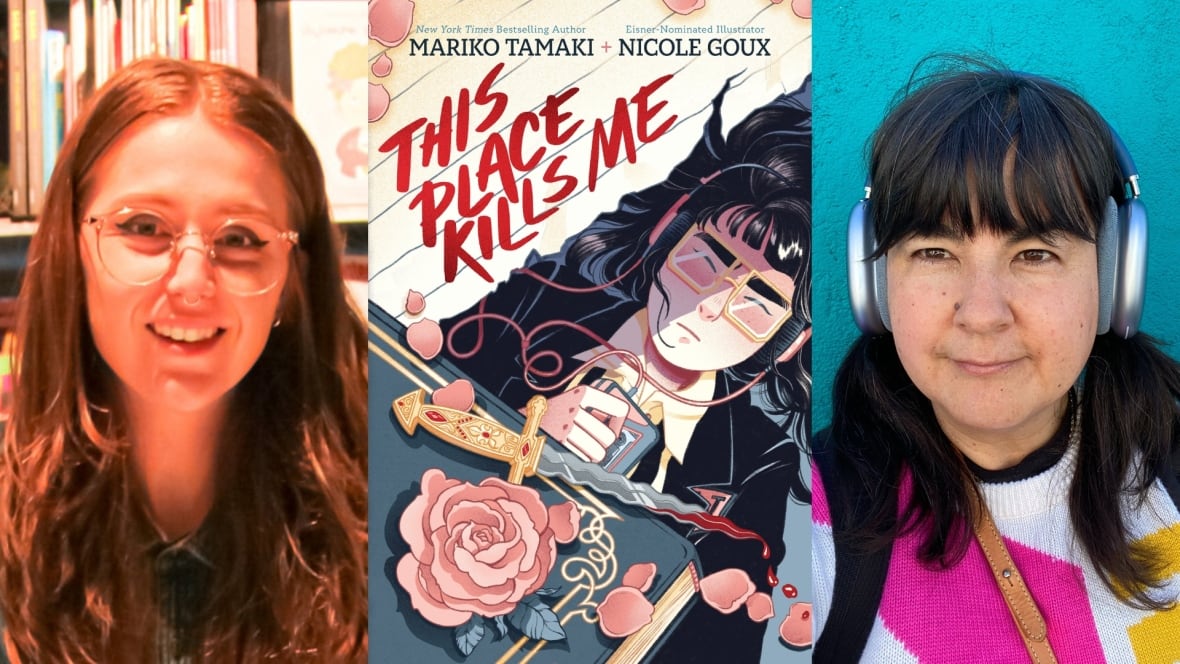 The front cover of This Place Kills Me by Mariko Tamaki and Nicole Goux and the book's two creators are also pictured.
