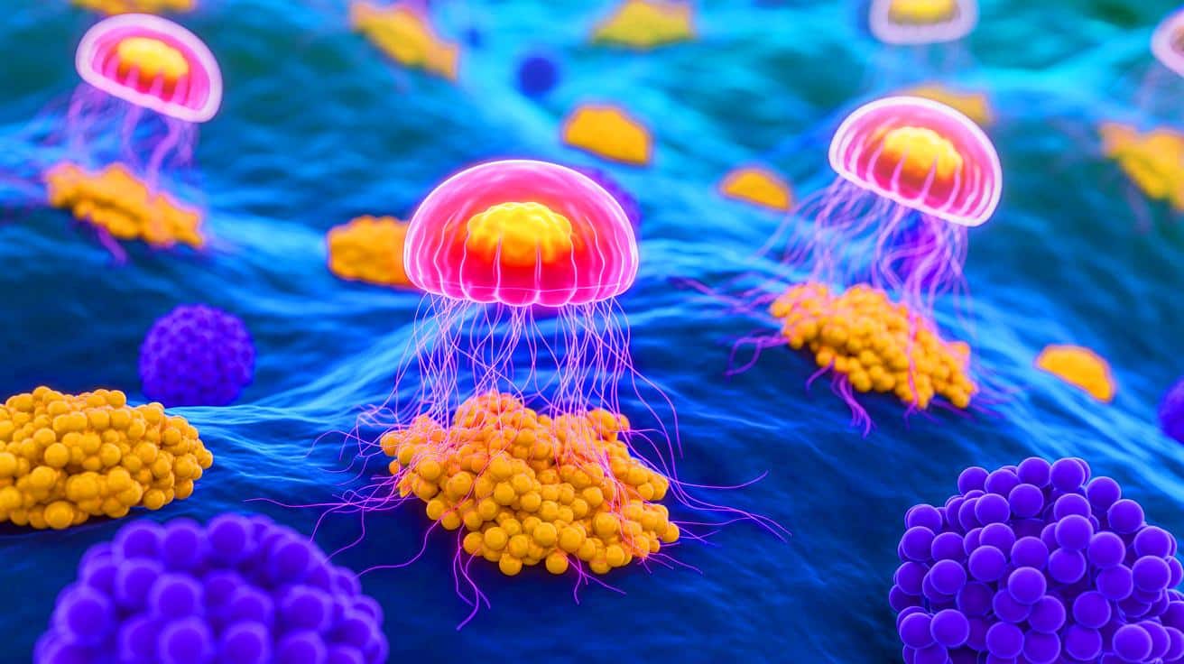 Illustration of fluorescent proteins being used as biological qubits within living cells.