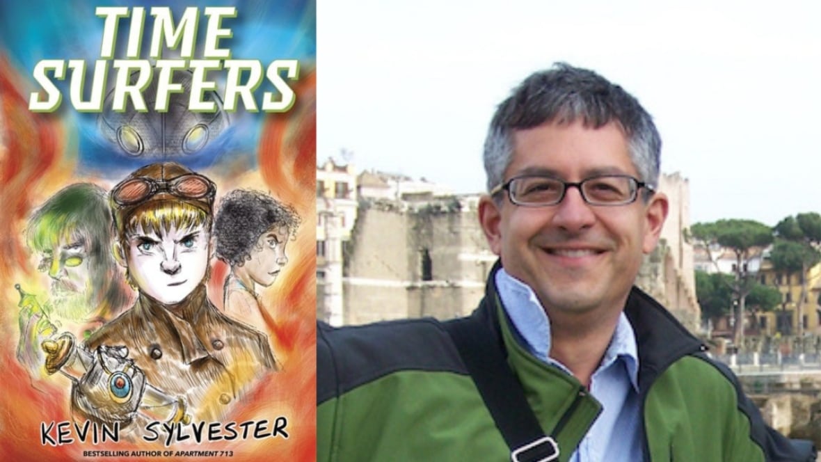 Time Surfers by Kevin Sylvester. Illustrated book cover of three characters, one wearing steampunk headgear. Author photo of a white man with short grey hair and eyeglasses.