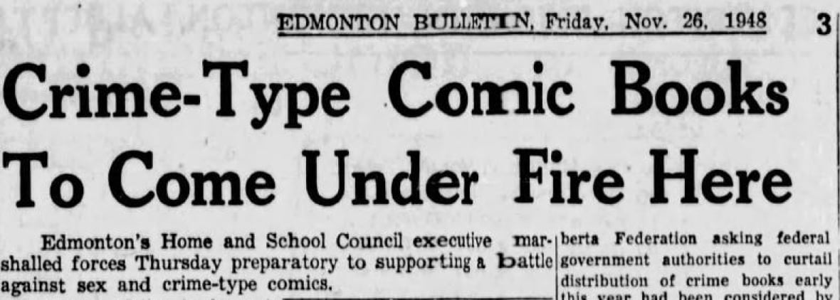 An archival newspaper article with the headline 'Crime-Type Comic Books To Come Under Fire Here.'