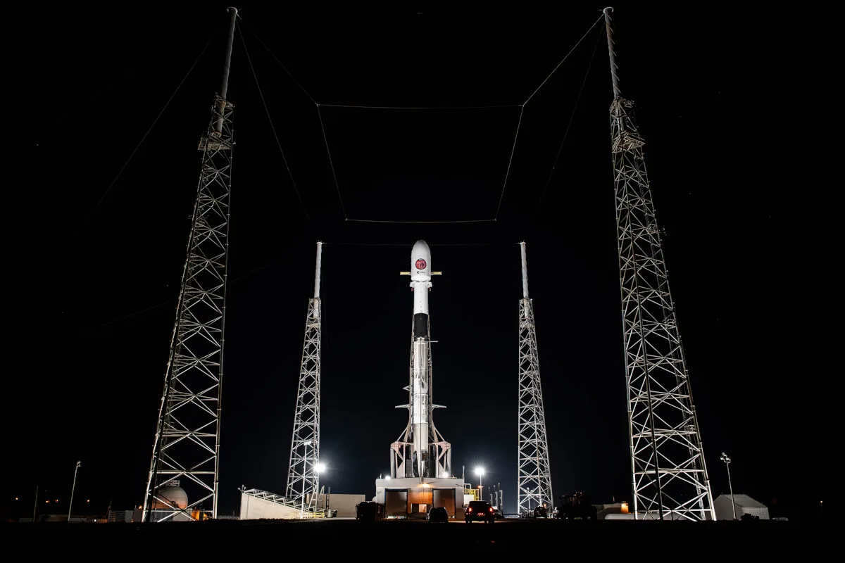 Photo of the Euclid rocket on its launch pad at night
