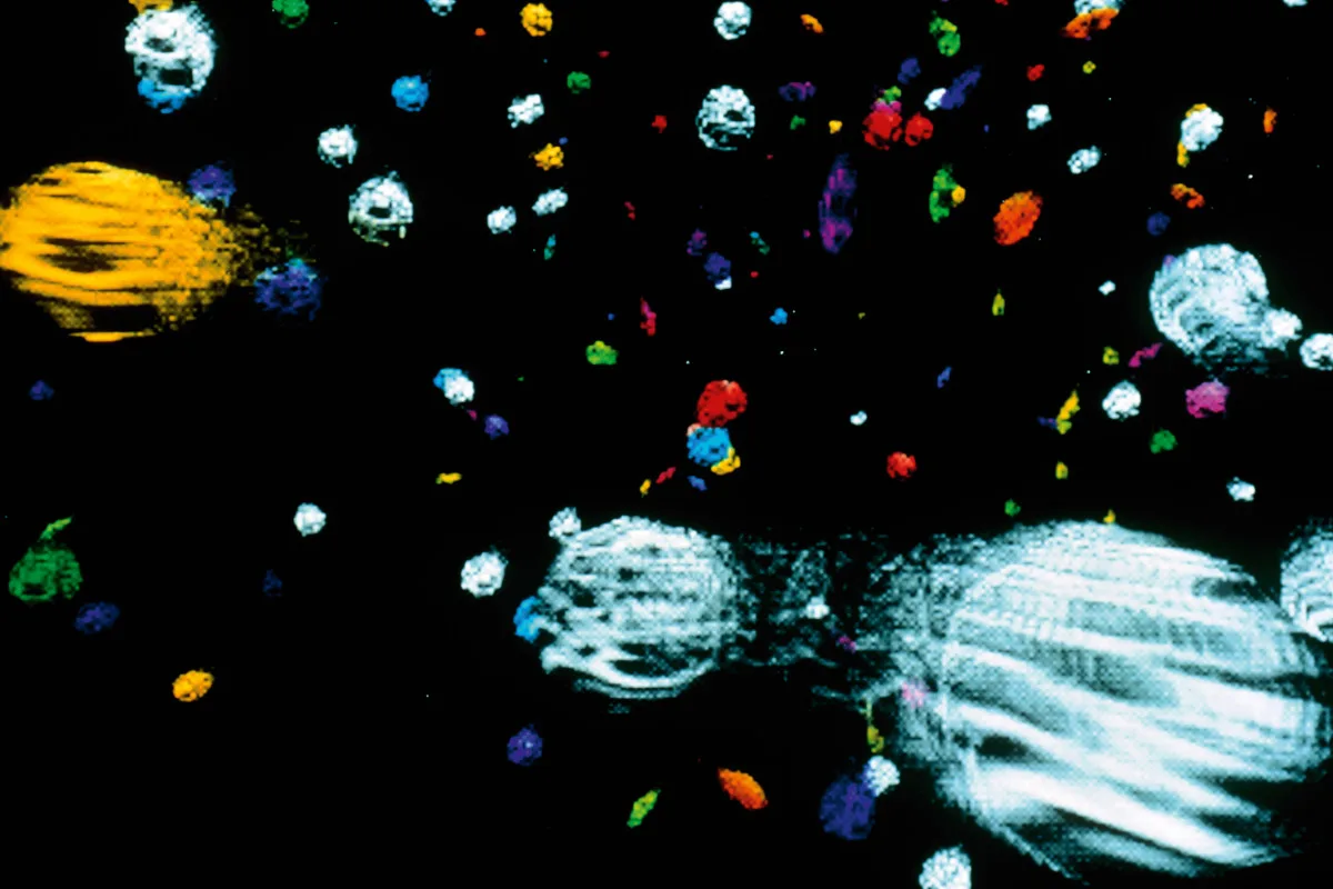 Visualisation of the early universe. This image depicts particles in the quark-gluon "soup" which existed less than one millionth of a second after the Big Bang. Quarks are shown in red, green and blue; anti-quarks are cyan magenta and yellow. Other colours are gluons. The grey particles are electrons and electroweak force bosons. 