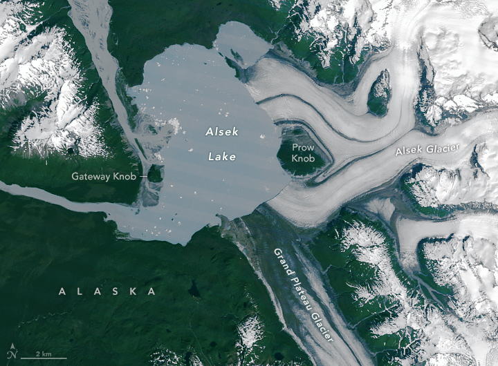 An annotated satellite image of Prow Knob surrounded by ice in 1984. 