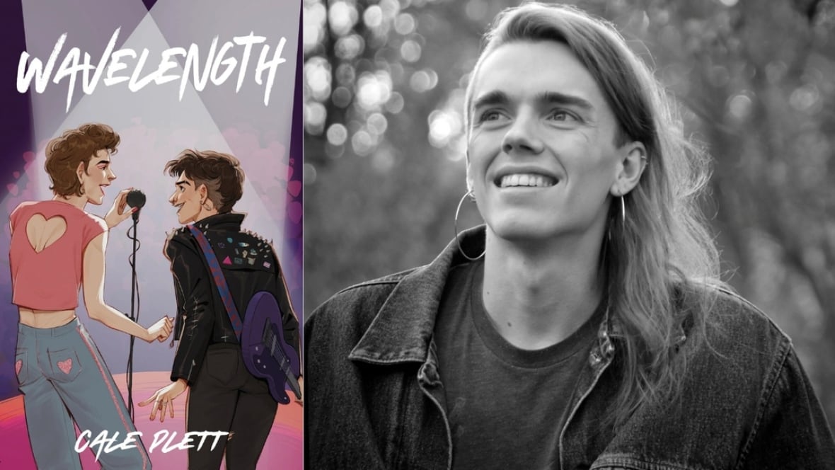 Wavelength by Cale Plett. Illustrated book cover shows two teens on-stage with a spotlight on them, facing a crowd. Black and white author photo of a white person with long blonde hair.