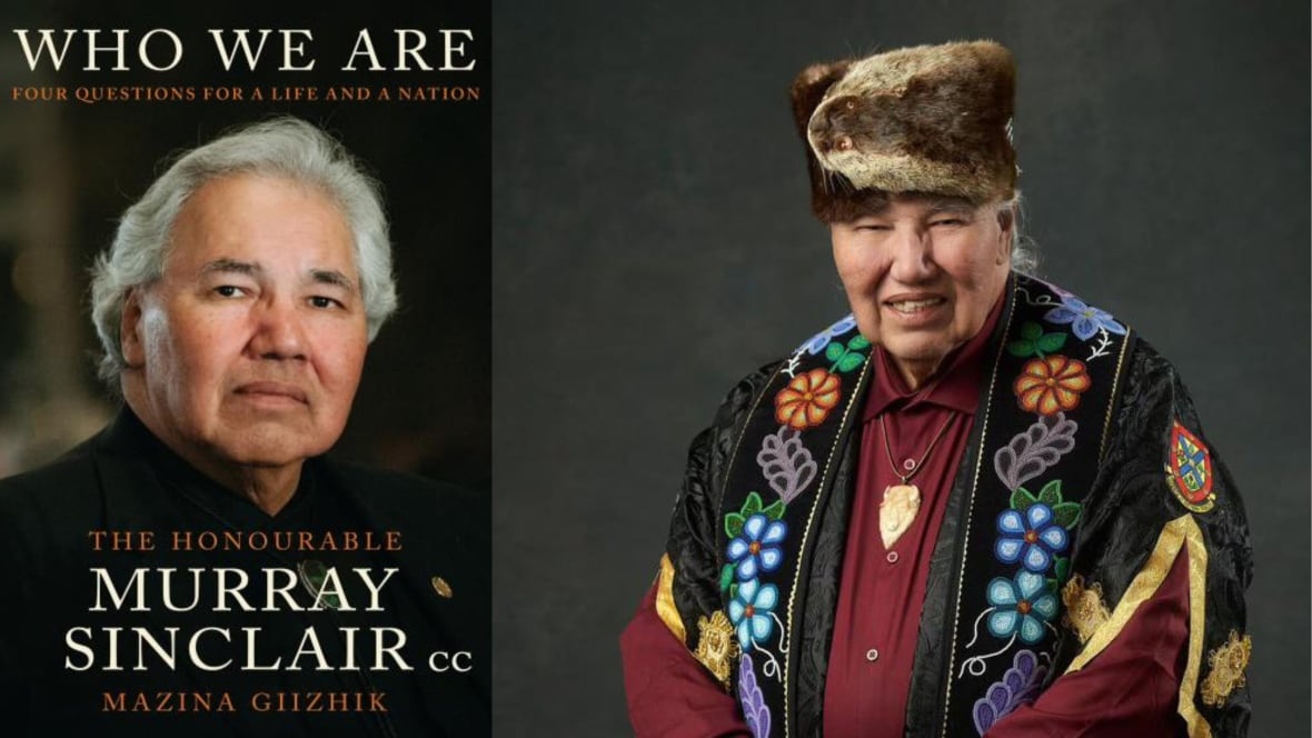 A book cover of a man with grey hair. A photo of the same man wearing a fur hat and Indigenous regalia. 
