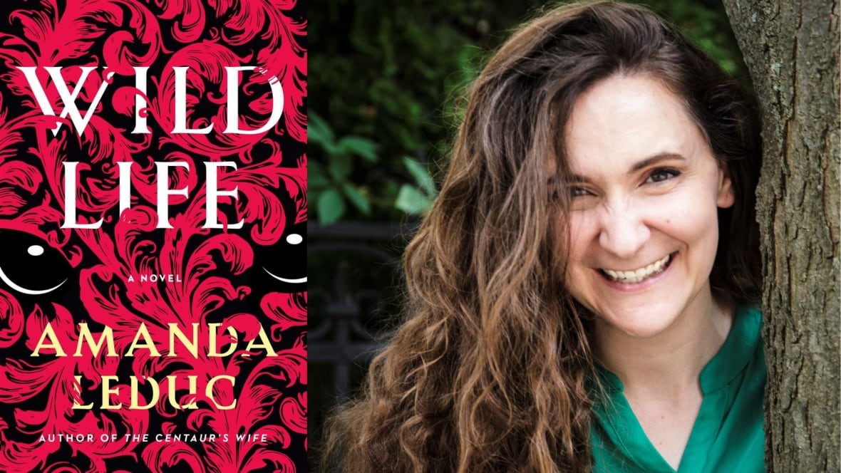 A composite image that shows a book cover that shows the face of a wild animal drawn in red in close-up on the left and on the right is a headshot of a woman with long brown hair. 