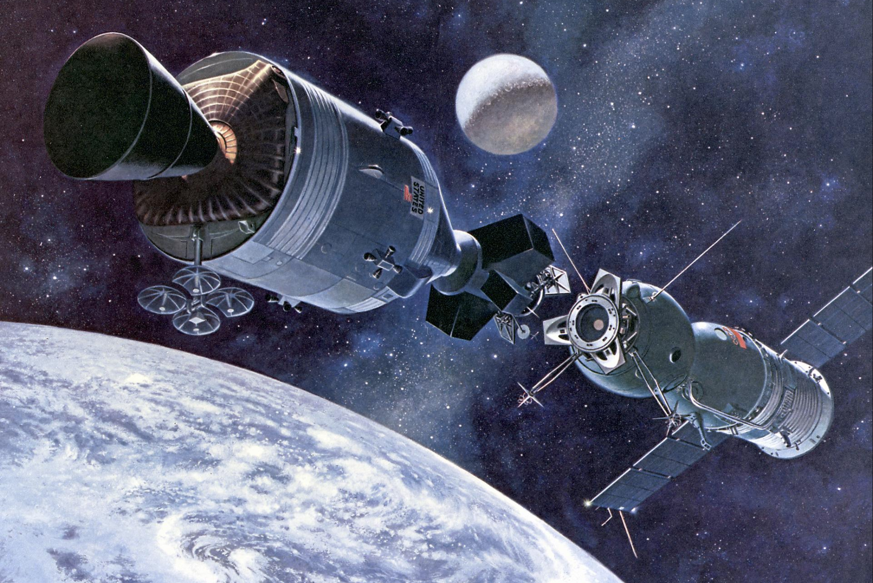 concept art of two spacecraft meeting in Earth orbit