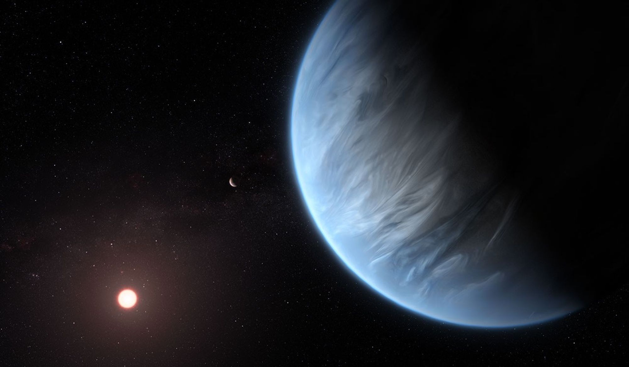 An illustration of a blue planet to the right with a bright star in the back.