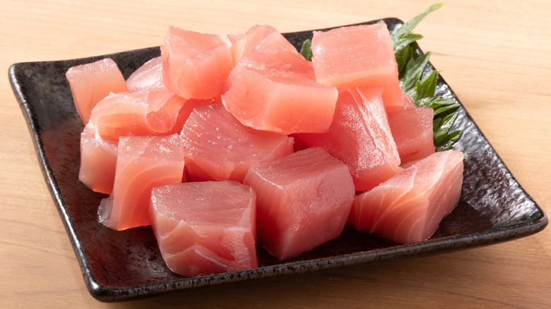 Raw cubes of yellowfin tuna