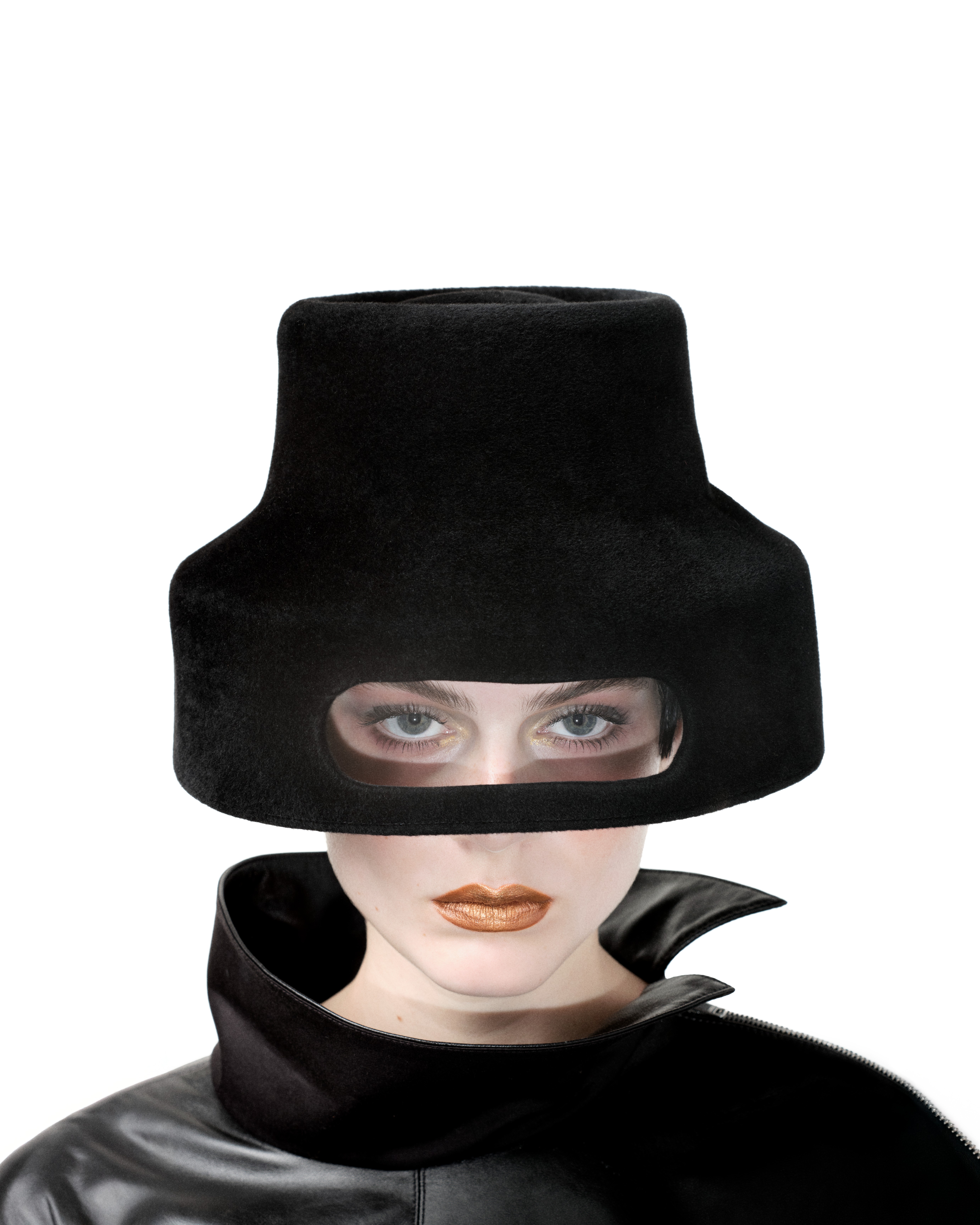 Alex Black photograph of woman wearing black hat and orange lipstick