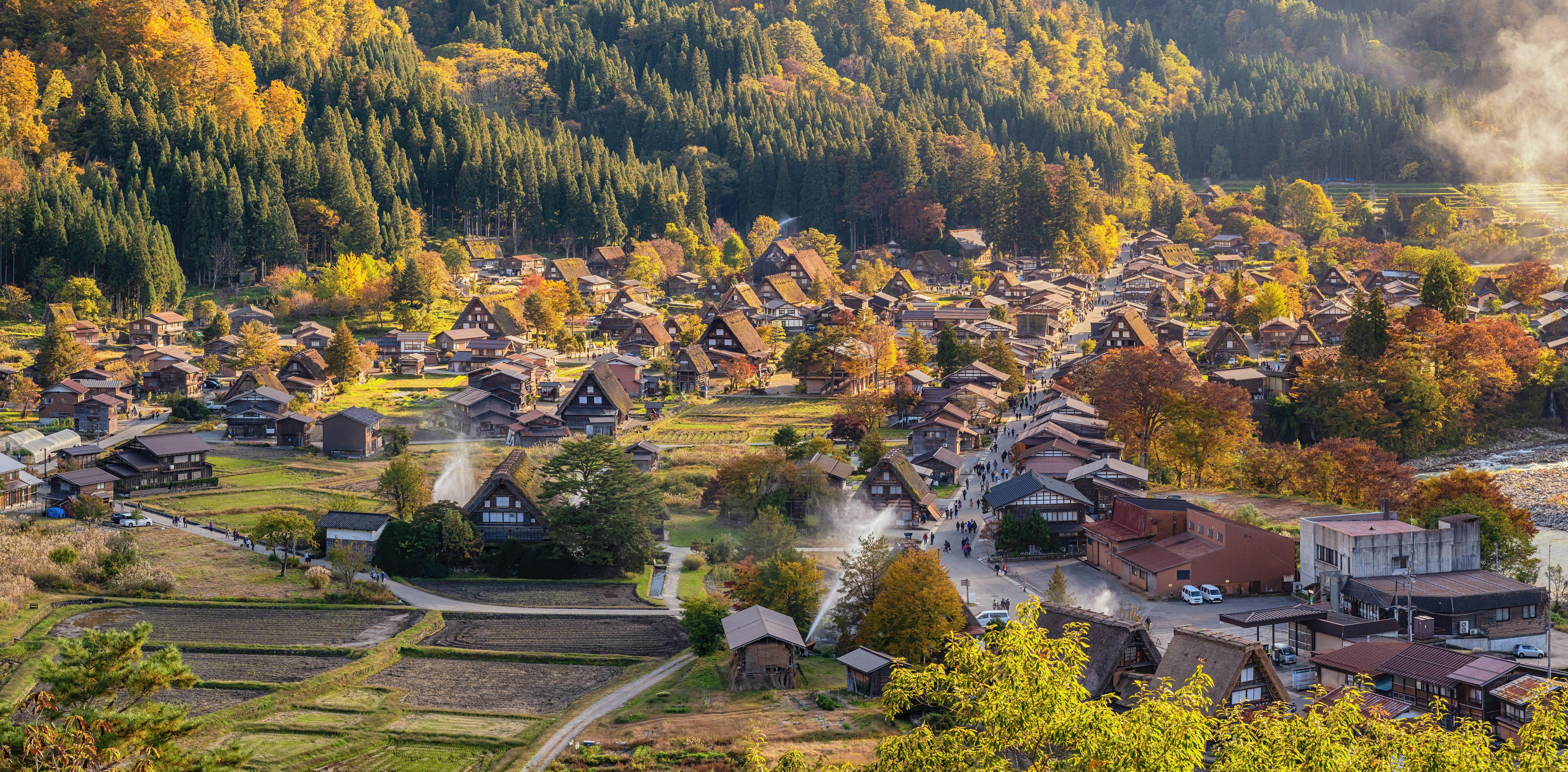 Shirakawa village in autumn during fire fighting training.