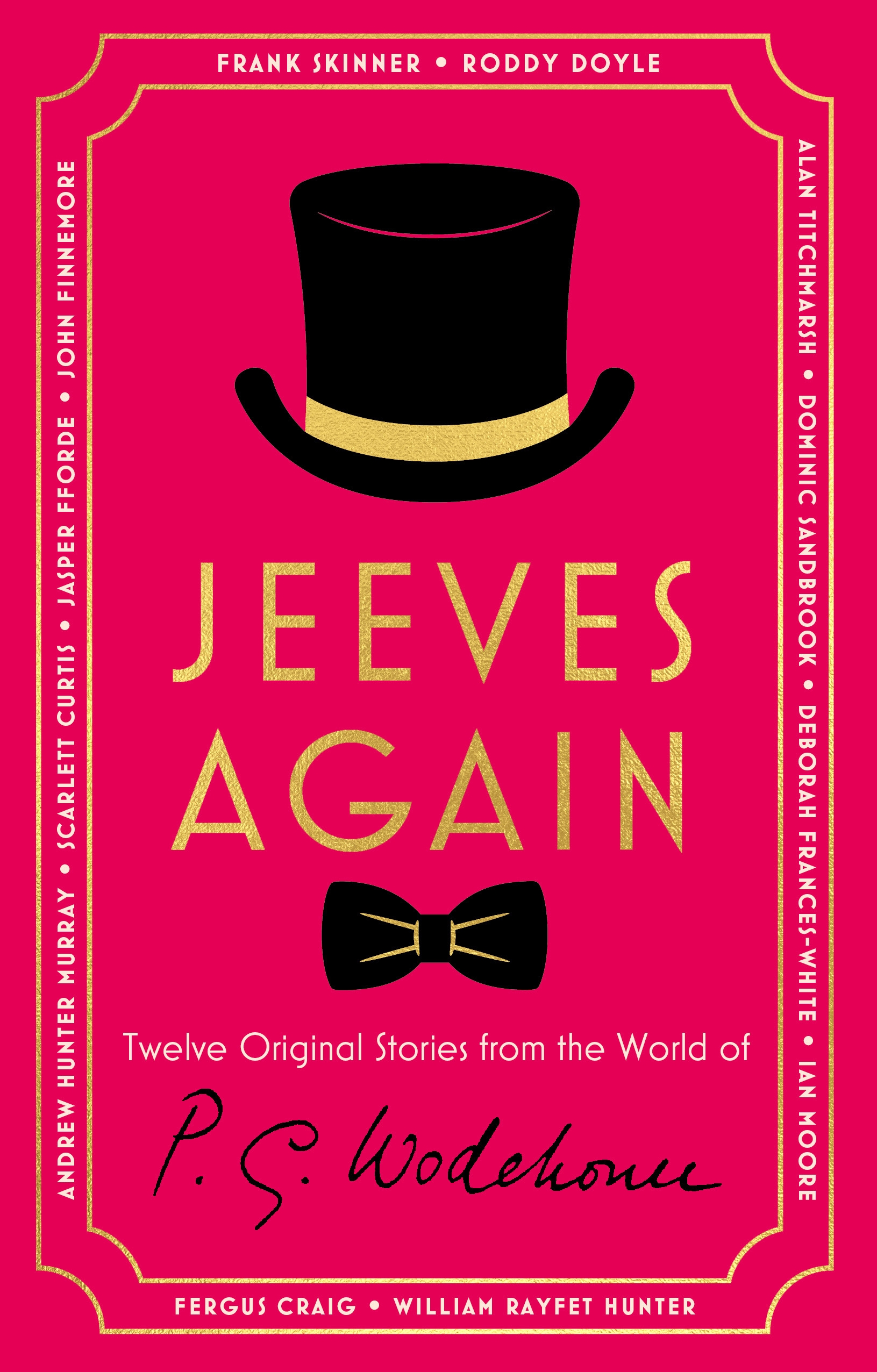 Illustration of a book cover for "Jeeves Again" featuring a black top hat, a black bow tie, and gold text on a red background.