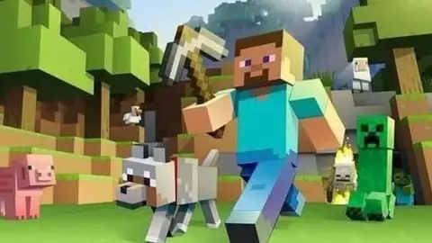 Graphics displaying the various characters from the 3D interactive video game Minecraft. 