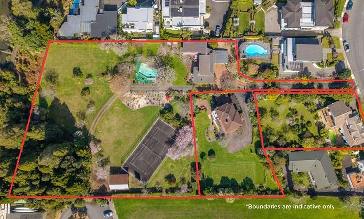 A five-bedroom home on 8160sqm with a pool and tennis court is one of the three properties overlooking Hamilton Lake for sale. Photo / Supplied