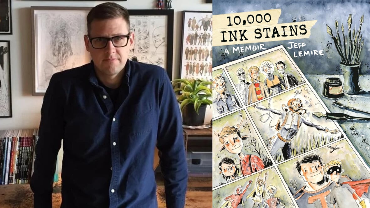 A composite image of a man with glasses and a blue button-up shirt beside an illustrated book cover. 