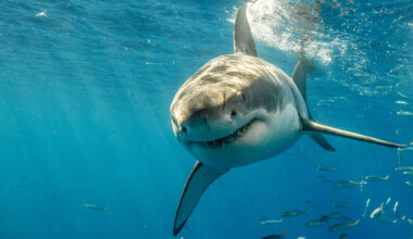 an underwater photo of a great white shark swimming towards the viewer, head on