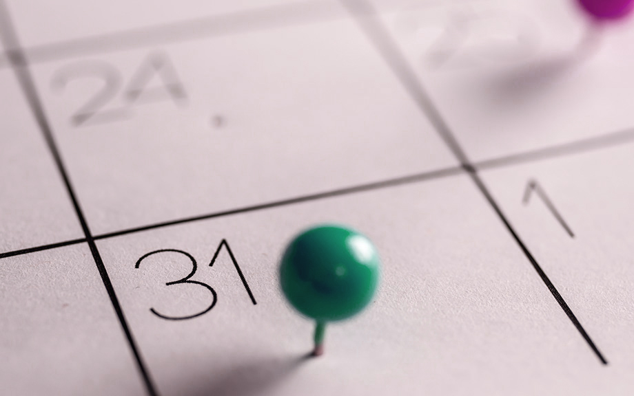 Photo: Partial calendar with a green pin on the 31st.