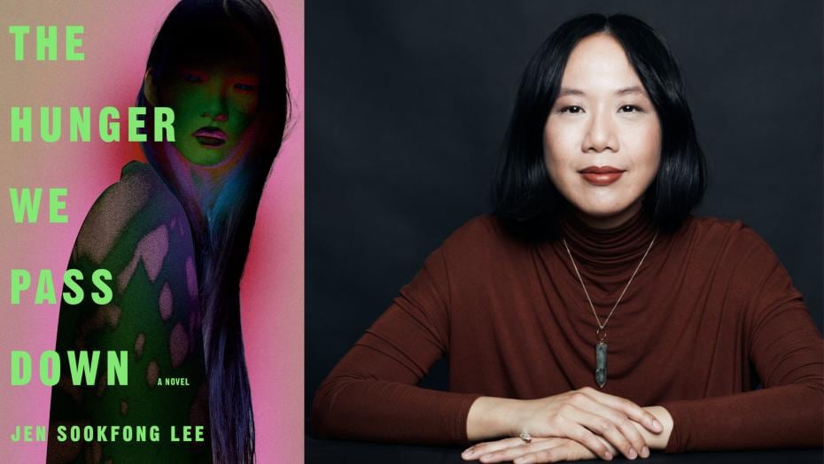 A colourful book cover of a woman looking over her shoulder on the left. A headshot of a woman with a black bob wearing a burnt orange top on the right.