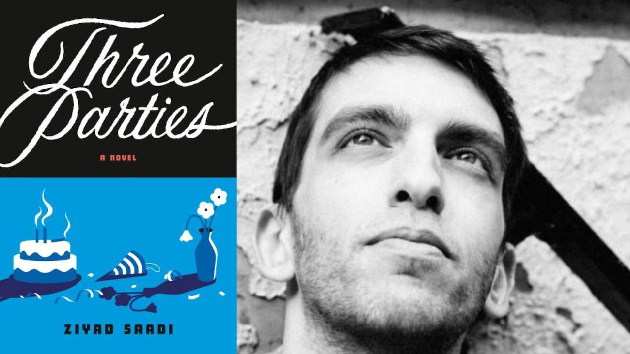 A book cover featuring a birthday cake, party hat, and flowers in a vase, and a black and white photo of a man with short hair. 