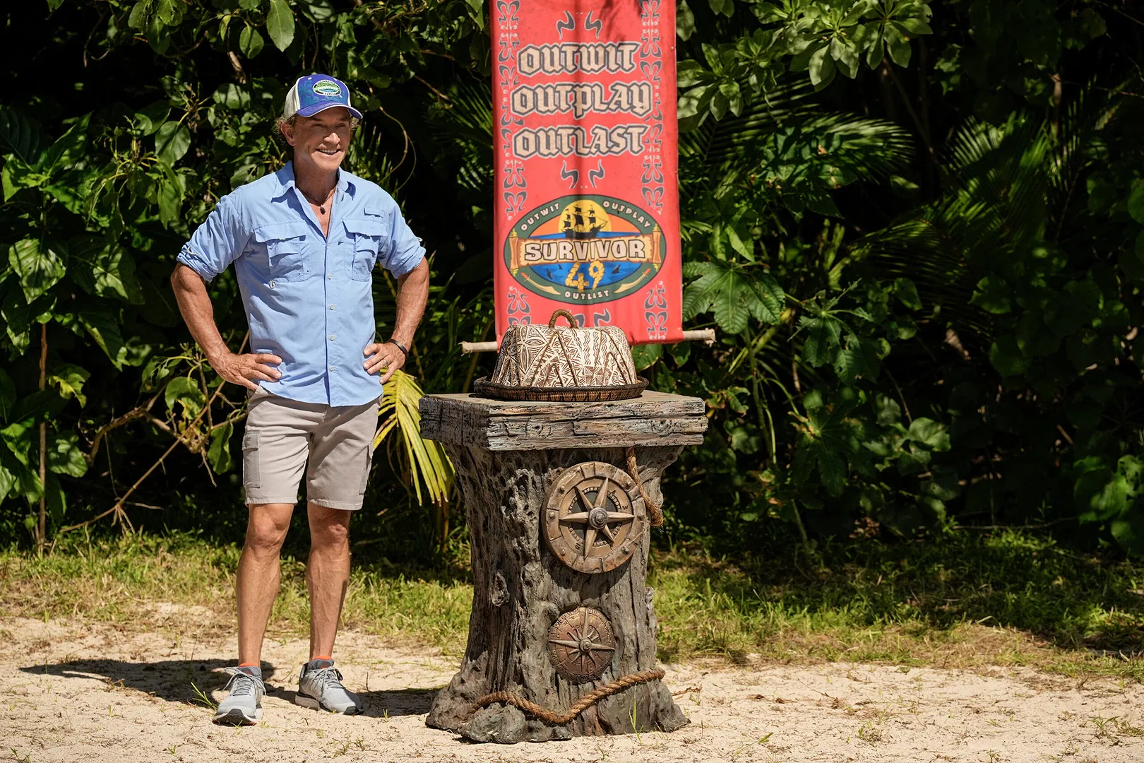 Host Jeff Probst preps for a tribe swap on Survivor 49