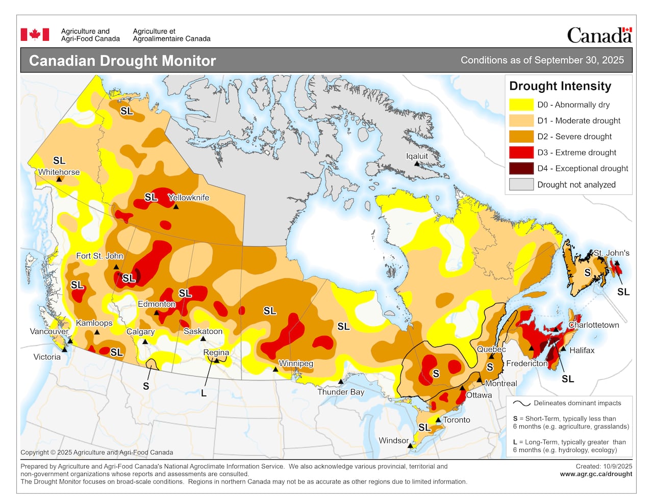 A map of Canada with red and orange hues indicating drought.