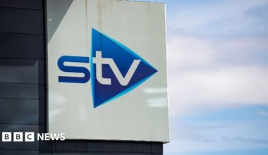 A general view of the STV sign on its Glasgow headquarters on a sunny day.