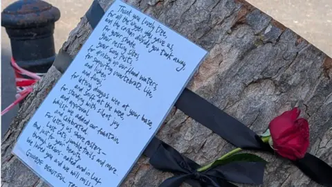 BBC A laminated white sheet of paper is pinned to a freshly cut tree trunk. The paper contains a handwritten poem in black ink. The tree has two black ribbons and a red long-stemmed rose affixed to it. 