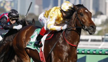 Sir Delius races past Antino to win the Turnbull Stakes at Flemington on Saturday. Picture: Michael Klein