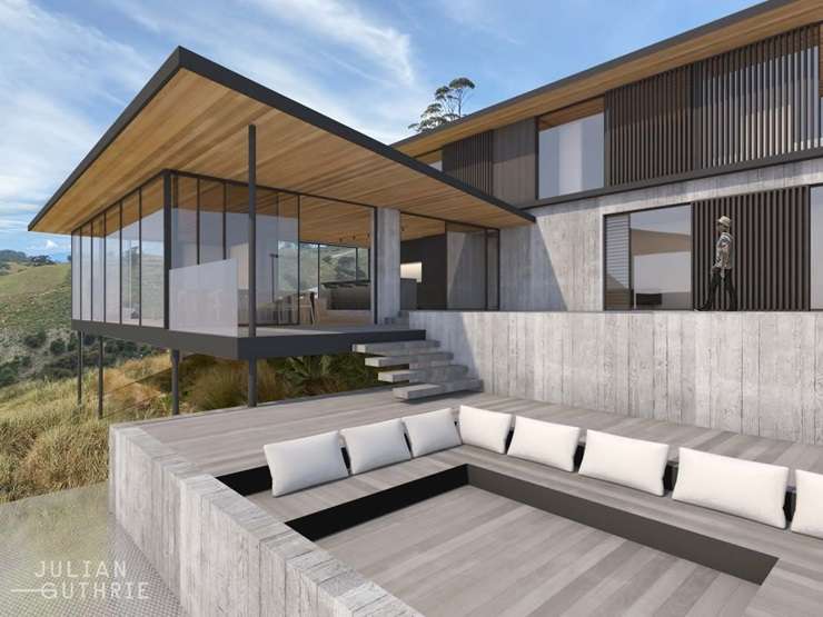 Builders at work on one of the architectural wonders in Waiheke Island's hidden neighbourhoods. Photo / Herbst Architects