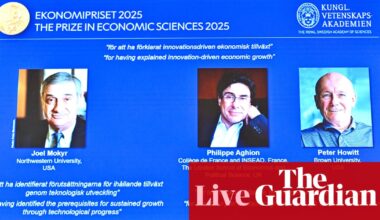 Nobel economics prize goes to three researchers for work explaining tech and innovation-driven growth – business live | Business