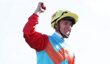 Zac Purton celebrates winning The Everest aboard Ka Ying Rising at Royal Randwick on Saturday. Photo: Jeremy Ng/Getty Images.