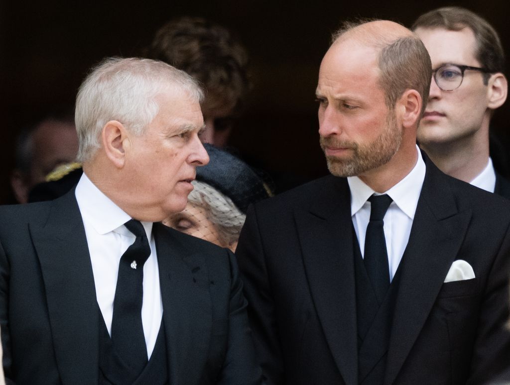 Prince Andrew and his nephew, Prince William, during the funeral of the Duchess of Kent.