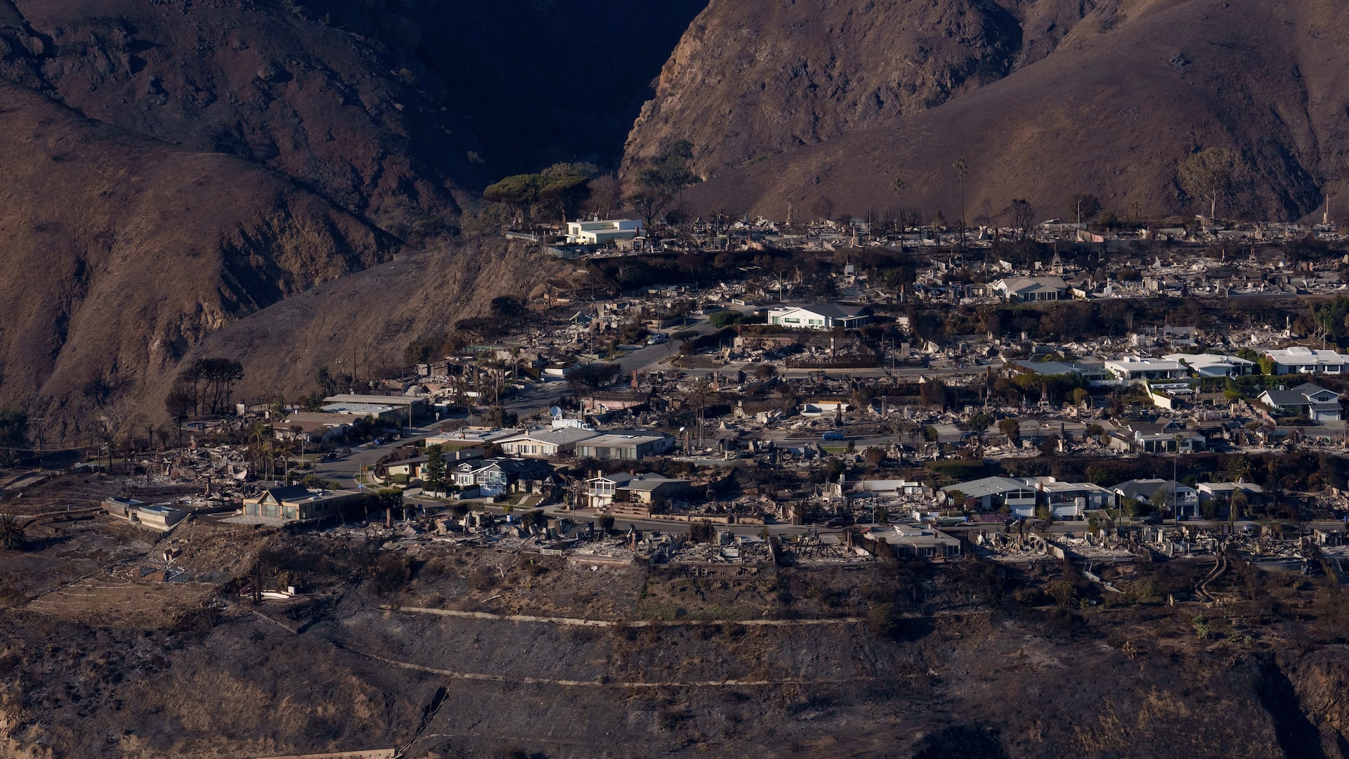 a view of the devastation after the 2025 fire in the Pacific Palisades neighborhood