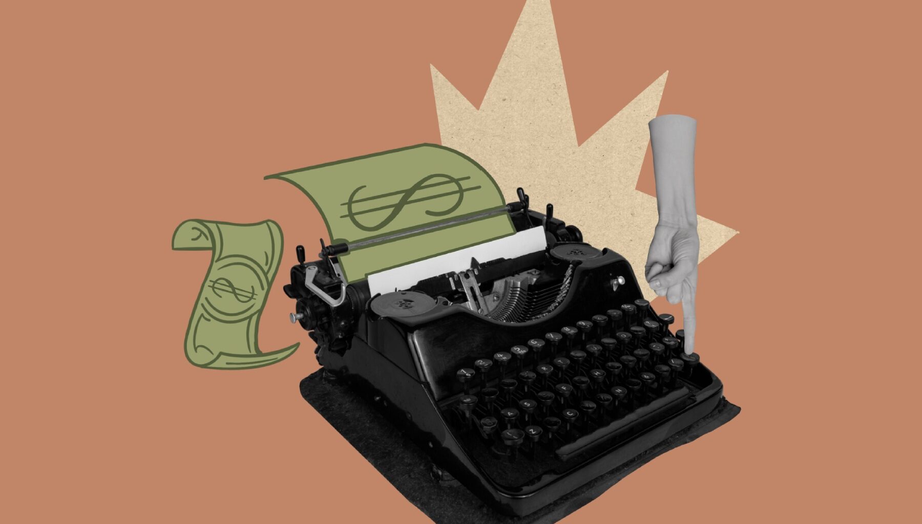 An image of a typewritter that has money instead of paper in it. A hand is pressing the keys.