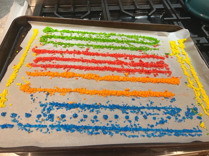 Chopped up sprinkle shrapnel, colored blue, orange, red, green, and yellow.