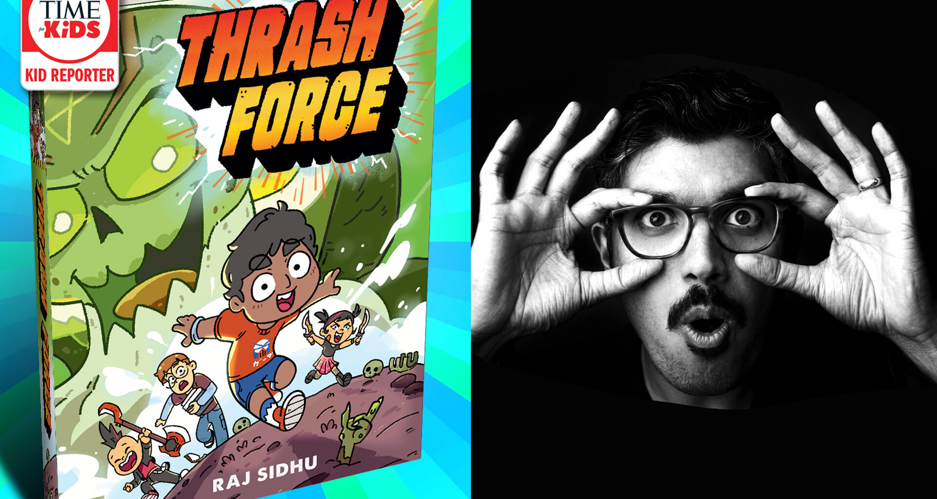 Left: the book Thrash Force with a Kid Reporter badge in the top left corner. Right: a man against a black background holding his glasses like binoculars