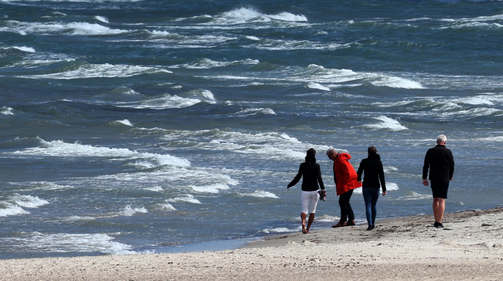 Four people are shown walking on a beach