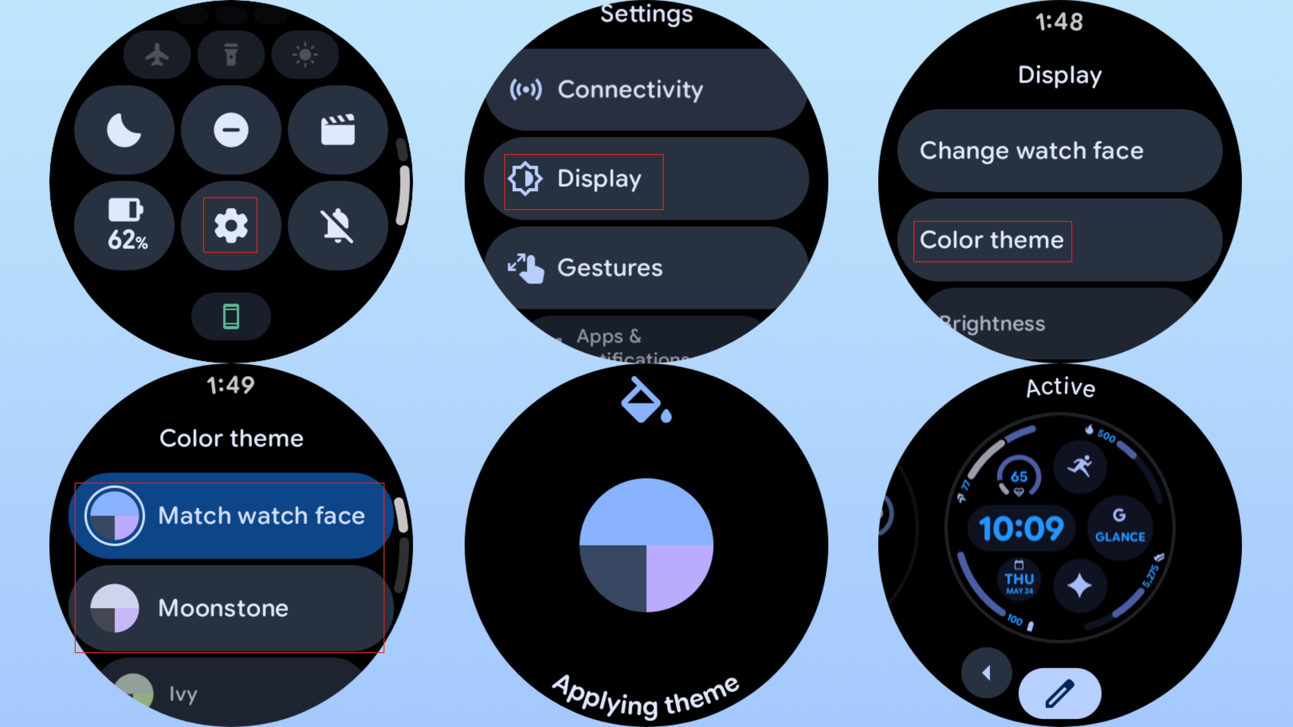 The screenshotted steps for changing a Pixel Watch theme.