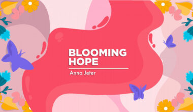 A column banner depicts colorful flowers against a pink background, with the words
